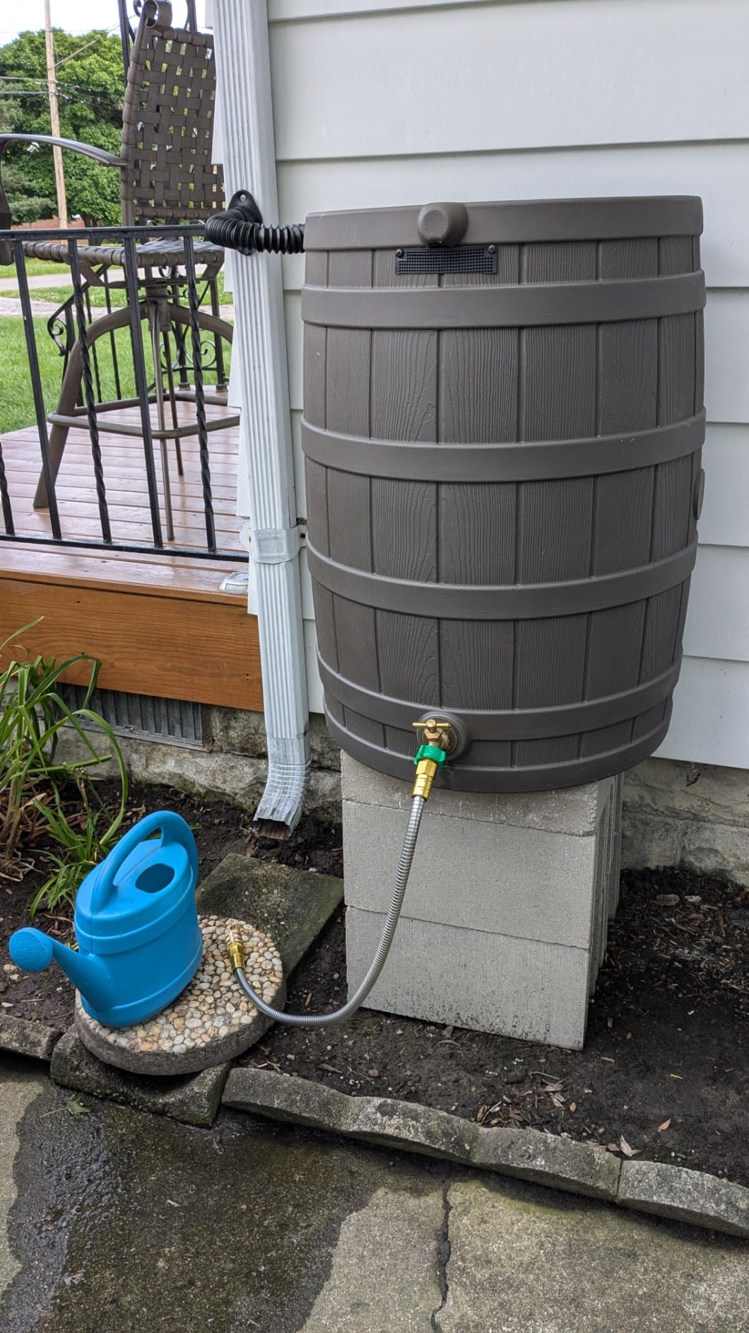 Good Ideas Rain Wizard Water Collection Barrel, 50 Gallon, Oak | Faux Wood Design - Plastic Outdoor Home Rain Barrel, Rainwater Storage Collector with Metal Spigot and Flat Back customer photo 1