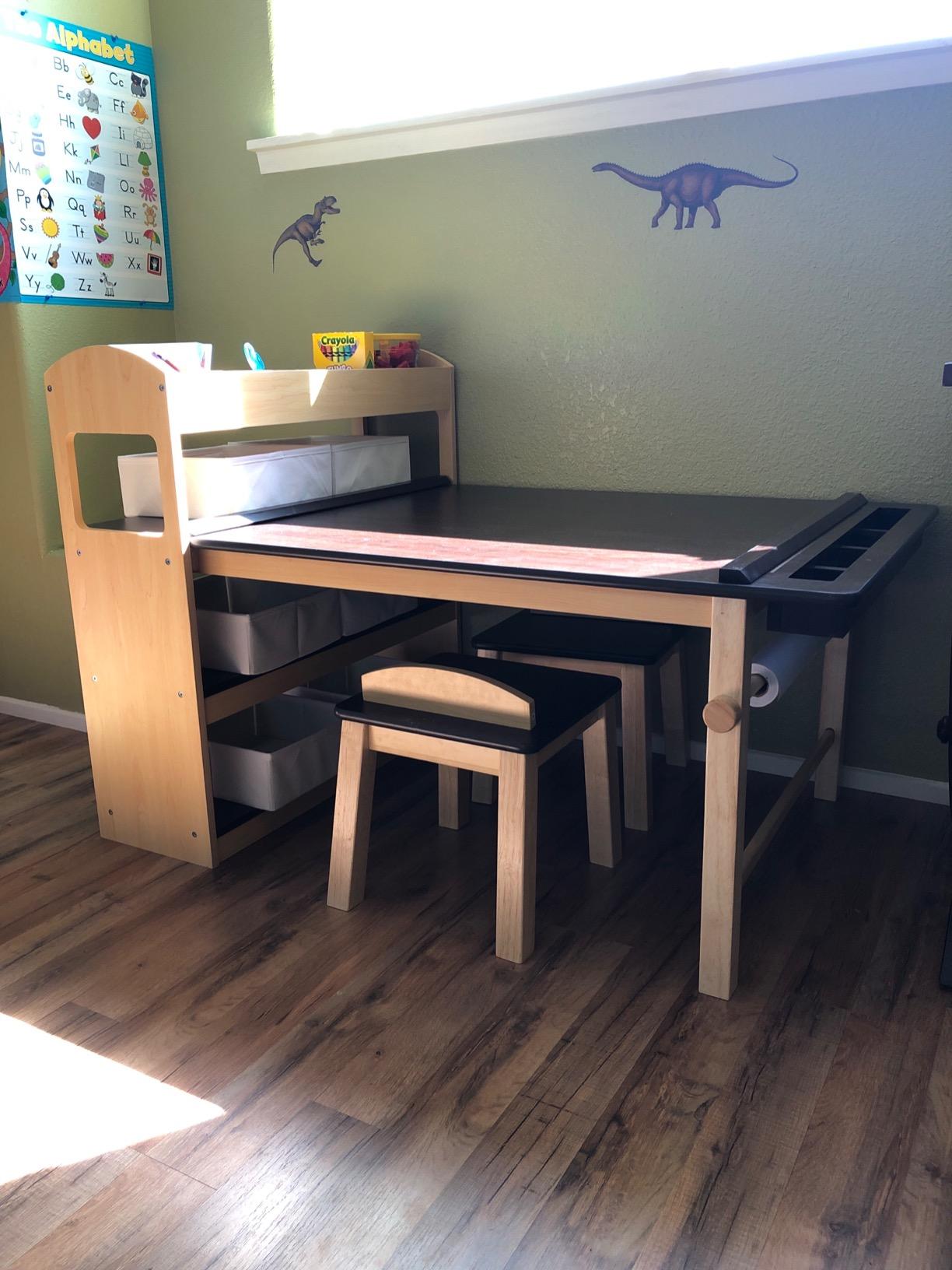 Guidecraft Deluxe Art Center: Kids' Montessori Art Table and Chairs Set with Storage Shelves, 6 Fabric Bins, Paper Roll | Wooden Kids' Activity Desk for Preschool, Homeschool, Playroom Furniture customer photo 1