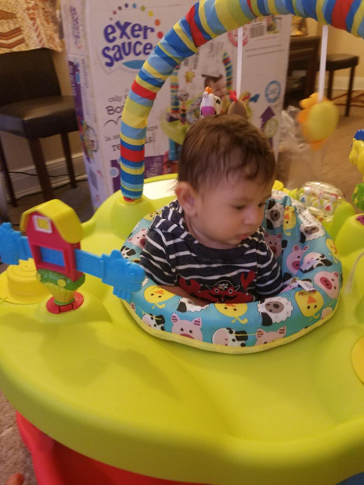 Evenflo Exersaucer Bouncing Activity Saucer, Sweet Tea Party | 3 Height Modes up to 30 in., Ages 4-12 Months, 7 Interactive Toys, 12+ Activities, Machine Washable Seat Pad customer photo 1