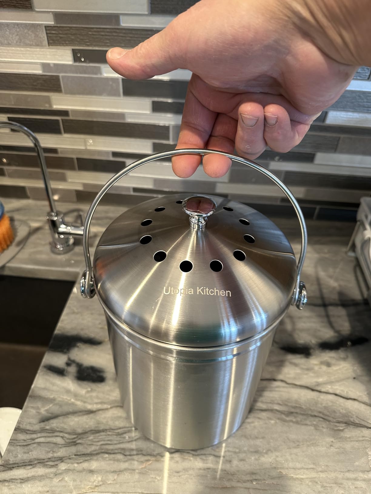 Utopia Kitchen Countertop Compost Bin 1.3 Gallon, Stainless Steel, Silver | Odorless countertop compost bin with charcoal filter, ideal for food scraps and waste customer photo 2