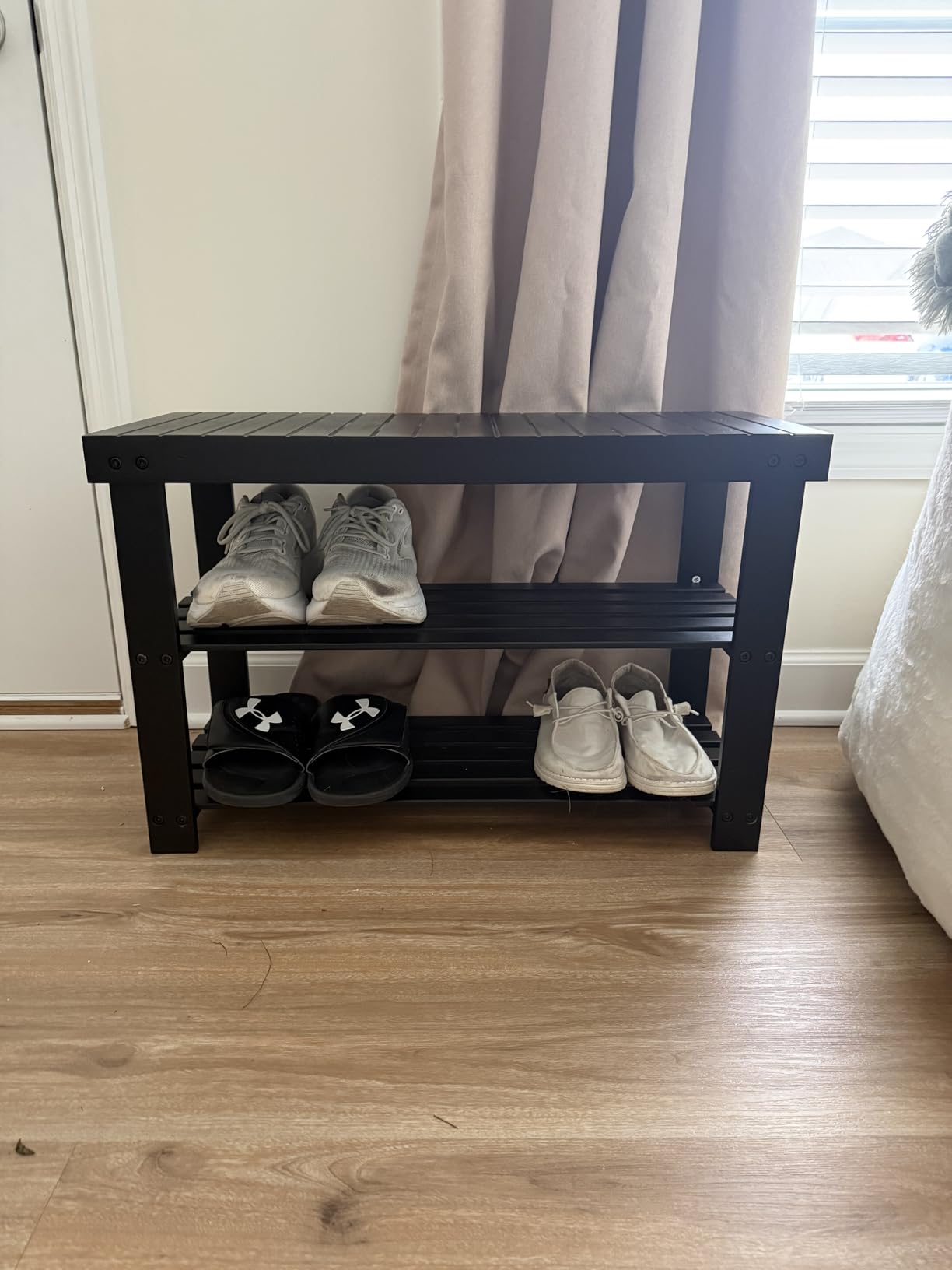 SONGMICS Shoe Rack Bench, 3-Tier Bamboo Shoe Storage Organizer, Entryway Bench, Holds Up to 286 lb, 11.3 x 27.6 x 17.8 Inches, for Entryway Bathroom Bedroom, Ink Black ULBS04H customer photo 2