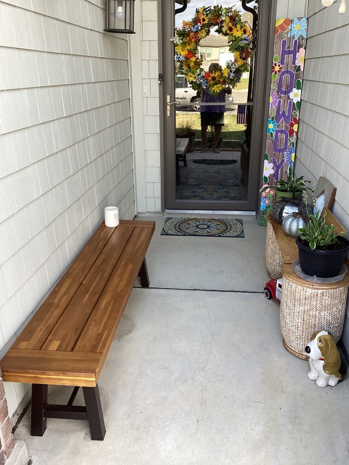Christopher Knight Home Catriona Outdoor Acacia Wood Bench with Metal Accents, Teak Finish / Rustic Metal 14. 50 x 63 x 17. 75 inches customer photo 1