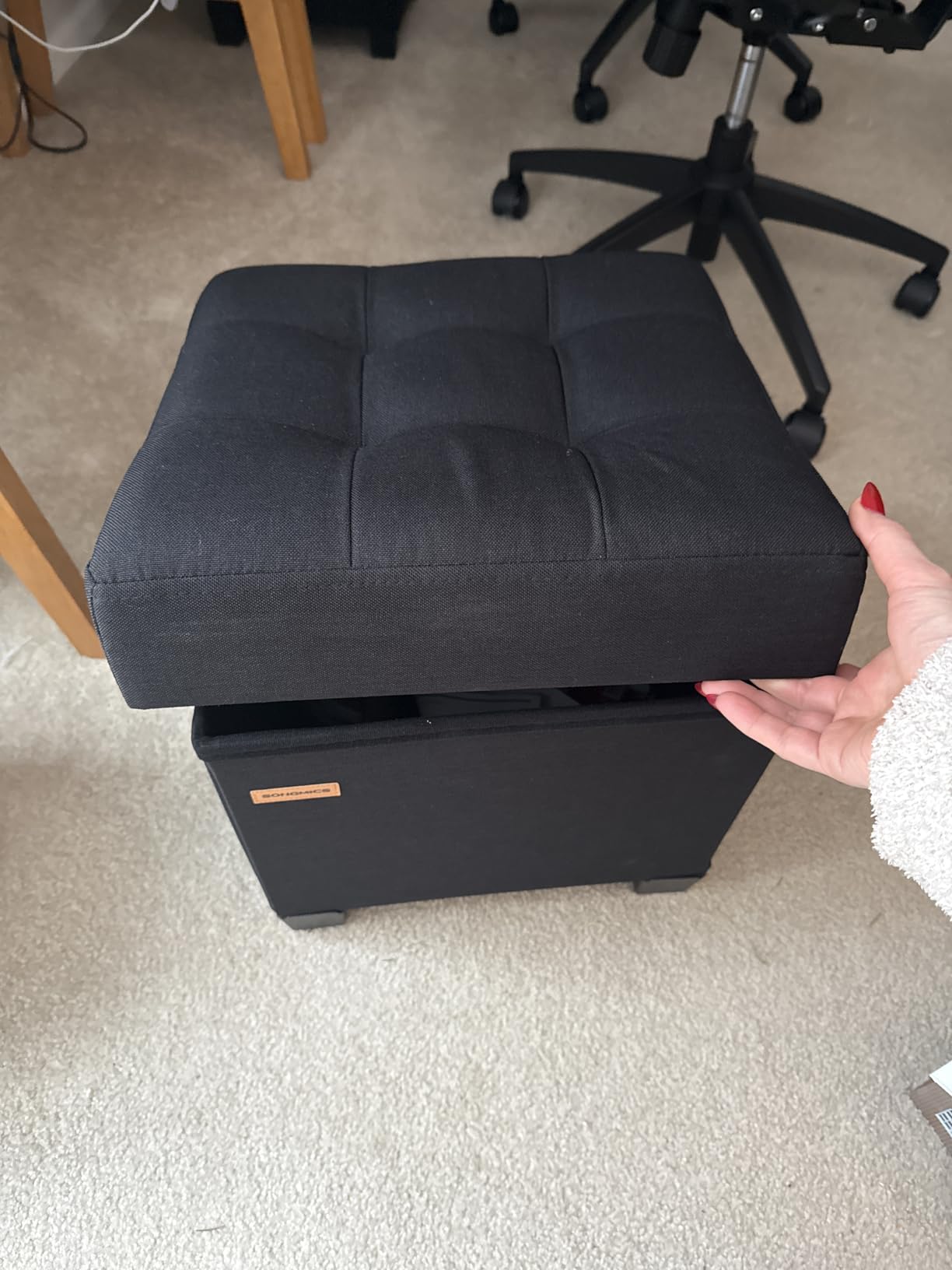 SONGMICS Storage Ottoman, Small Foot Rest, 15 x 15 x 15.7 Inches, Foot Stool with Legs, Load up to 661.4 lb, for Living Room, Bedroom, Dorm, Gray and Black customer photo 2