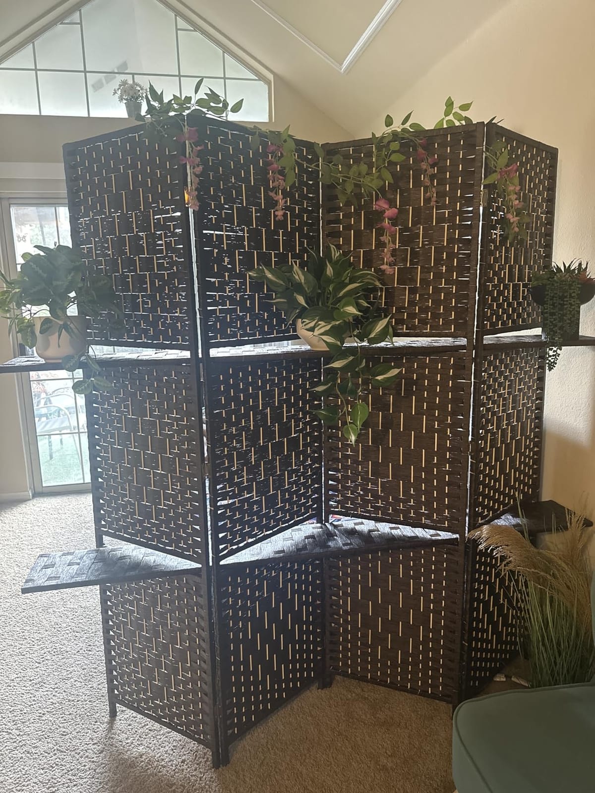 FDW | 4 Panel Folding Room Divider with Shelves | 5.9ft, Brown | Wooden Wall Divider | Hand Woven Mesh, Portable & Foldable customer photo 1