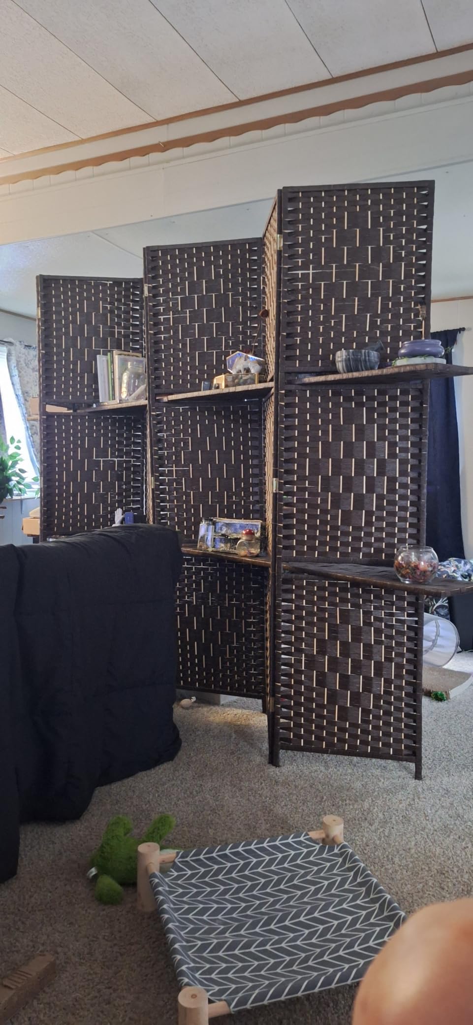 FDW | 4 Panel Folding Room Divider with Shelves | 5.9ft, Brown | Wooden Wall Divider | Hand Woven Mesh, Portable & Foldable customer photo 2