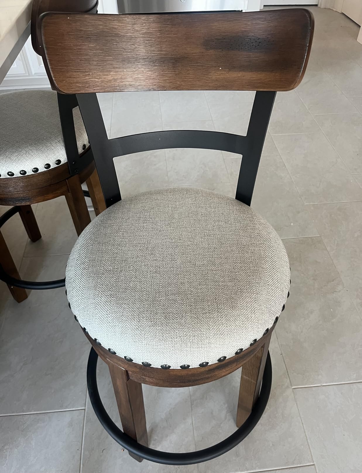 Signature Design by Ashley Valebeck Counter Height Bar Stool, Brown | Rustic-industrial wood and metal stool, Cushioned comfort, Tailored nailhead trim, Smooth 360-degree swivel customer photo 1