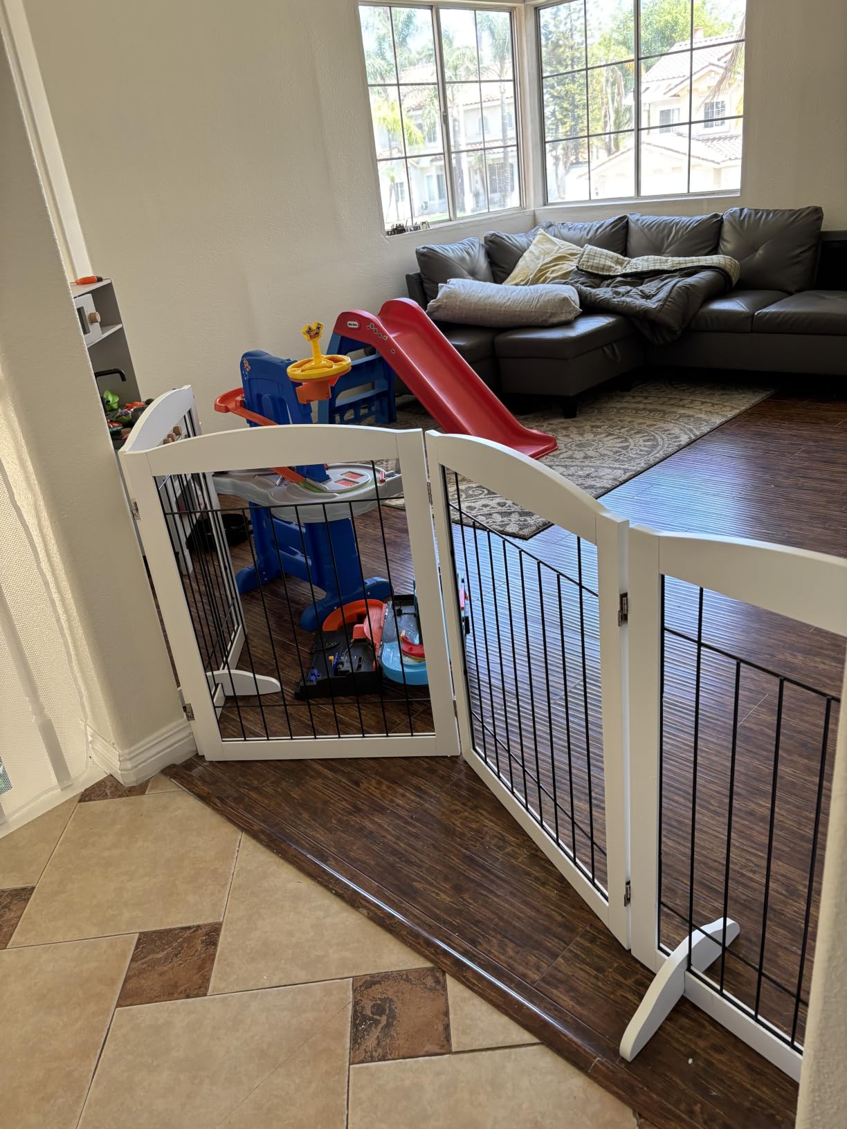 PAWLAND Extra Wide Dog Gate for The House, Doorway, Stairs, Dog Fences Indoor, Freestanding Foldable Wooden Pet Gates for Dogs, Set of Support Feet Included, 96 in Wide 30 in Tall, 4 Panels White customer photo 2
