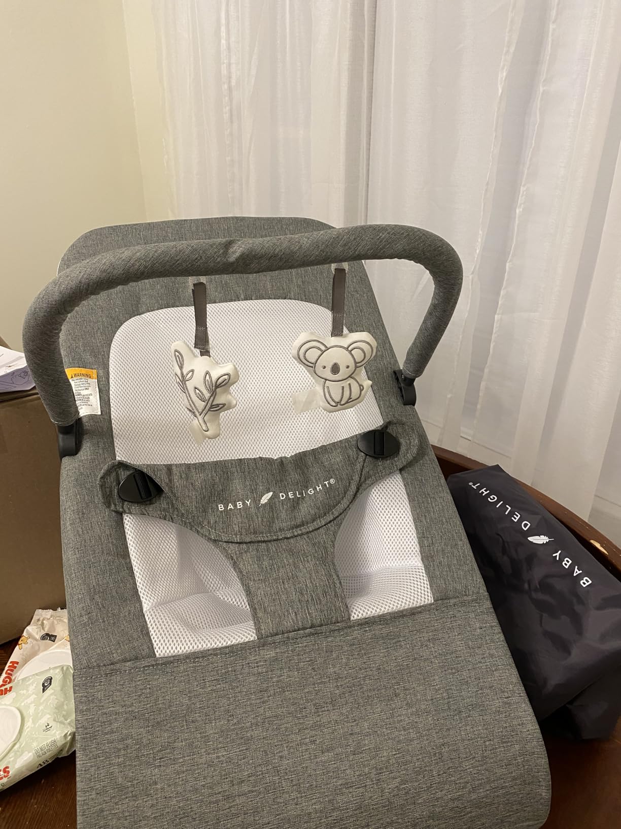 Baby Delight Alpine Deluxe Portable Bouncer | Infant | 0 - 6 months | Charcoal Tweed | 3-Position Recline, 3-Point Safety Harness, Removable & Washable Cover, Detachable Toy Bar customer photo 2