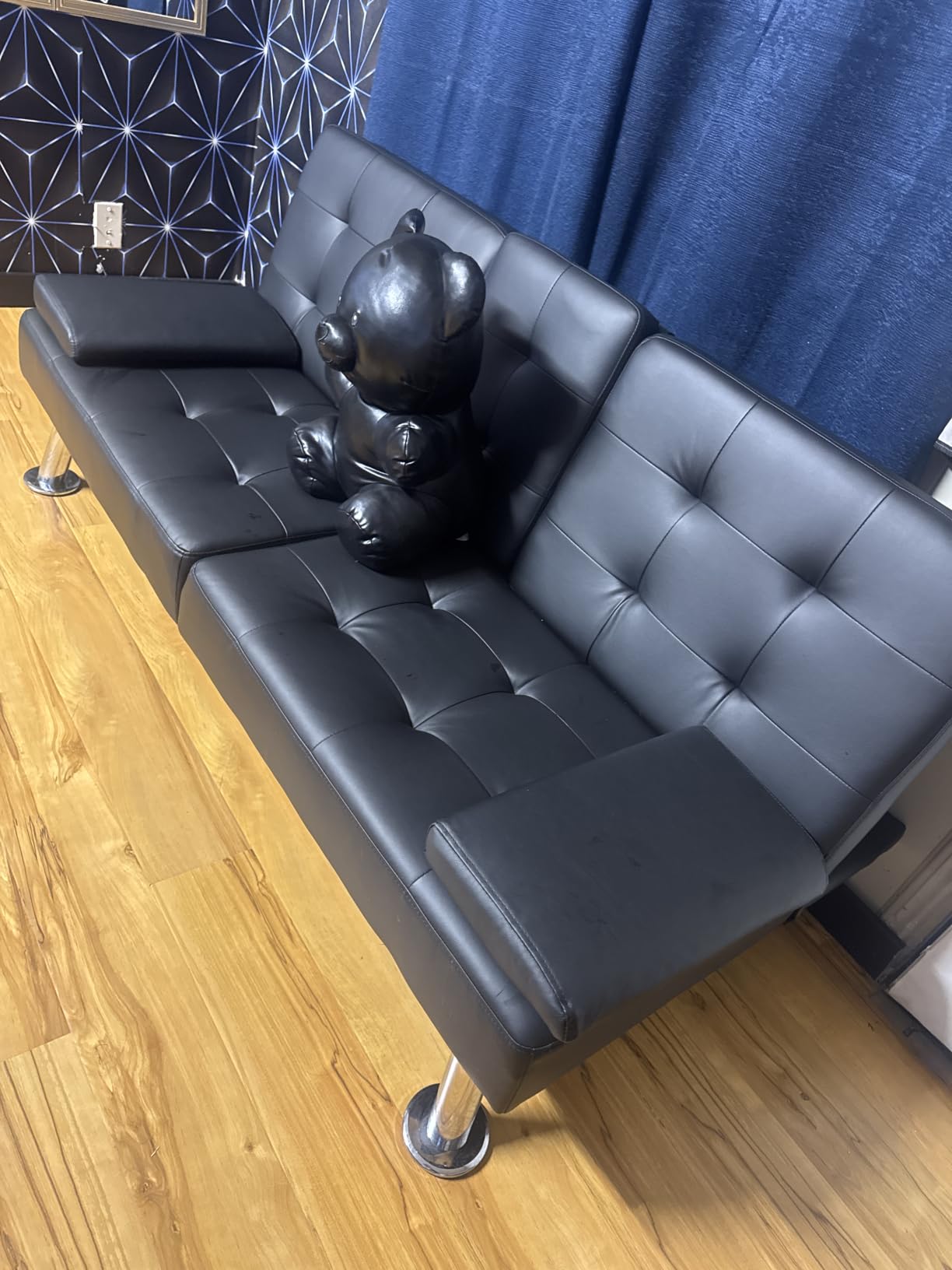 Flamaker Futon Sofa Bed, Black Faux Leather Convertible Loveseat Couch | Modern Adjustable Folding Futon Set with 2 Cup Holders & Removable Armrests, Recliner Lounge for Living Room & Apartment customer photo 1