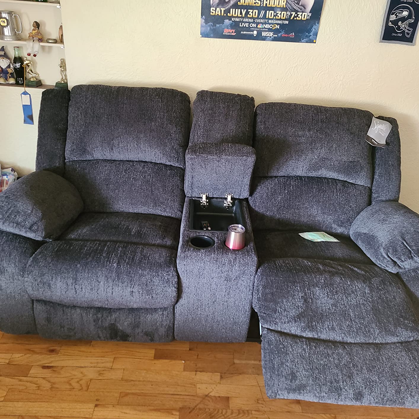 Signature Design by Ashley Power Reclining Sofa, 3-Seater Couch, Draycoll | Space-saving 4-in wall-hugger profile, Integrated zero-draw USB ports, Plush slate polyester chenille upholstery customer photo 1
