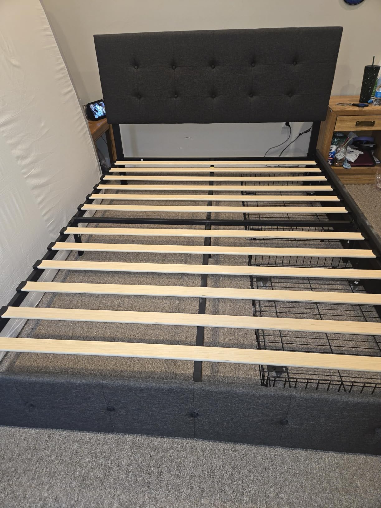 Allewie Upholstered Queen Size Platform Bed Frame with 4 Storage Drawers and Headboard, Square Stitched Button Tufted, Mattress Foundation with Wooden Slats Support, No Box Spring Needed, Dark Grey customer photo 2
