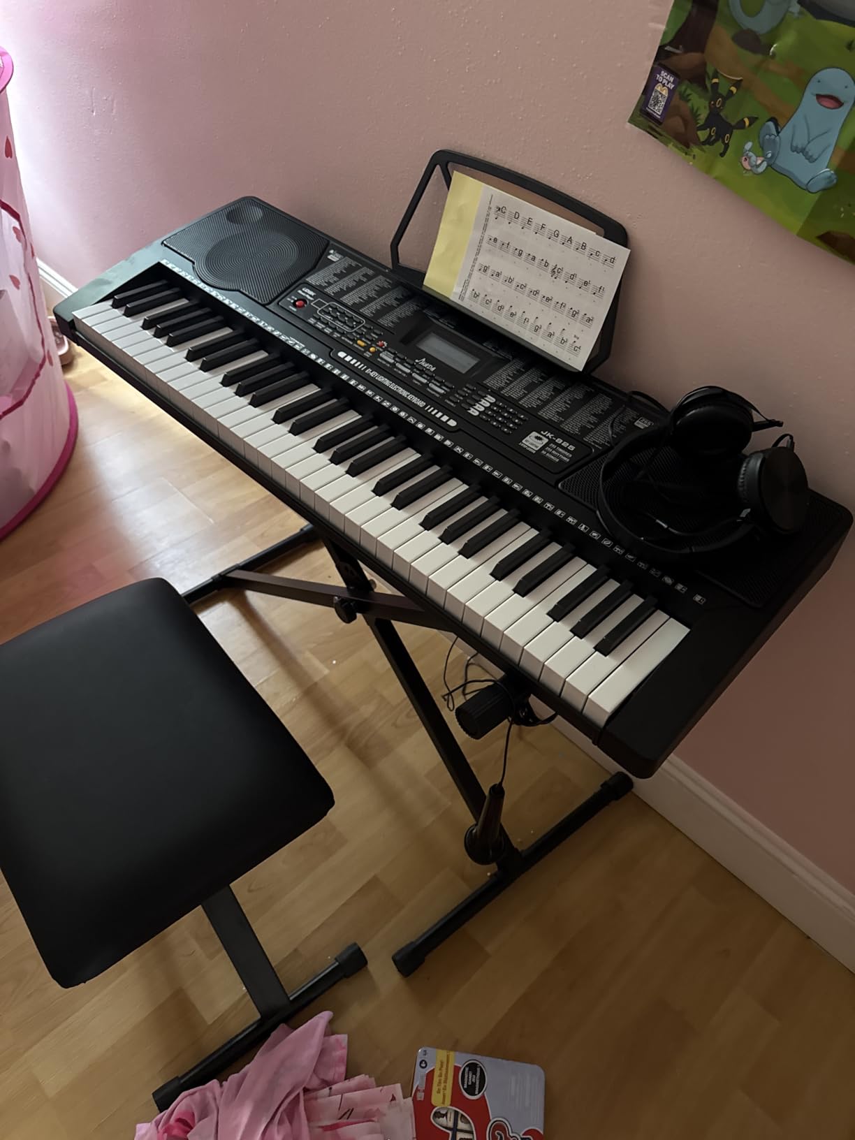 JIKADA 61 Key Portable Electronic Keyboard Piano, 3 Teaching Modes | Electric Keyboard Piano Set w/Lighted Keys, Stand, Stool, LCD Screen, Built-In Speakers, Headphones, Microphone, Note Stickers customer photo 1
