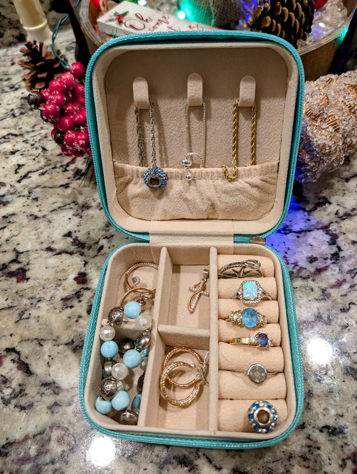 TRODANCE Mini Jewelry Travel Case, Small Portable Jewellry Organizer Box Portable Display Storage Box for Rings Earrings Necklaces, Gifts for Girl, Women, Wedding, Birthday, Mom, Mother's Day (Blue) customer photo 2