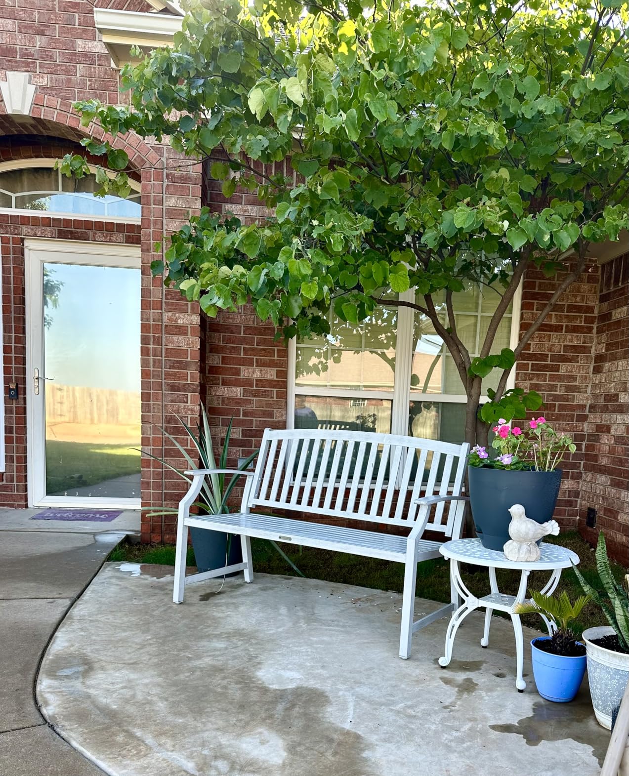 Grand patio Farmhouse Outdoor Bench, Garden Benches with Anti-Rust Aluminum, Faux Wood Grain Finish Frame Patio Bench for Front Porch, Weathered Gray customer photo 2