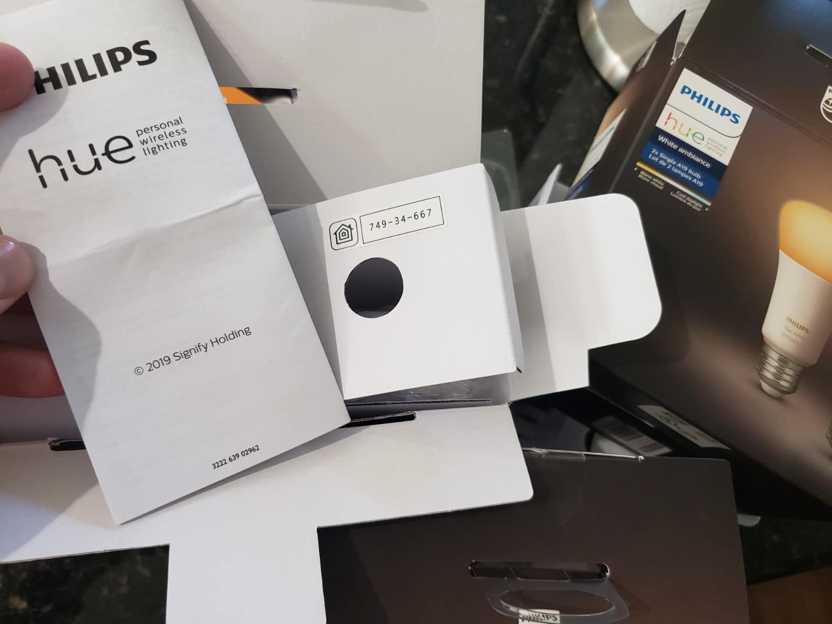Philips Hue Smart Light Starter Kit - Includes (1) Bridge and (4) 75W A19 E26 LED Smart White Ambiance Bulbs - Control with App - Compatible with Alexa, Google Assistant, and Apple HomeKit customer photo 1