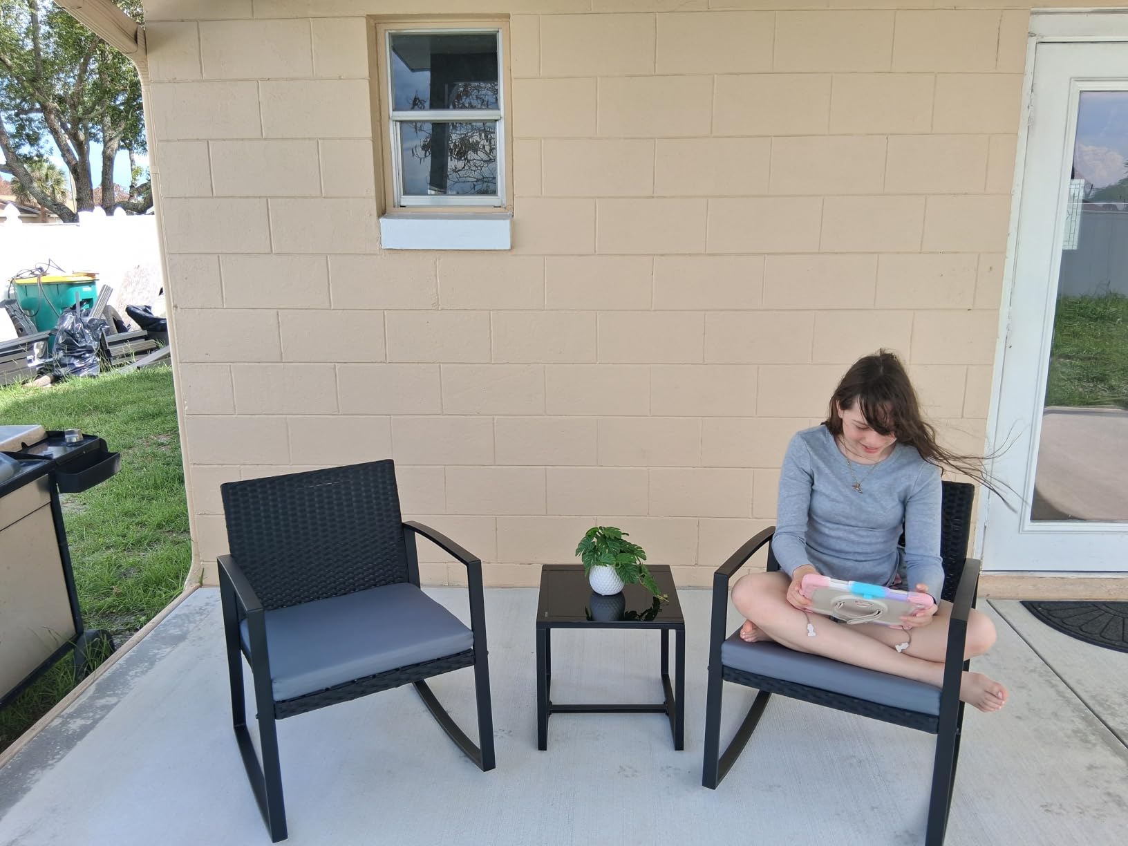 Qsun 3 Pieces Patio Furniture Set Rocking Bistro Set Outdoor Rattan Conversation with Coffee Table for Garden Balcony Backyard Poolside (Grey Cushion) customer photo 1