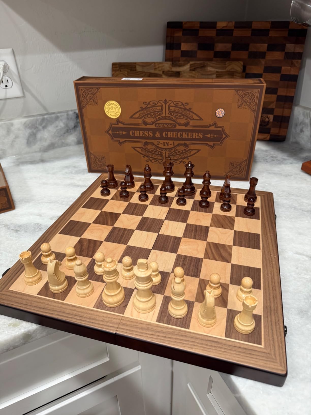 AMEROUS Magnetic Wooden Chess and Checkers Game Set, 15 Inches (2 in 1) Chess Board Games, 2 Extra Queens - Gift Package customer photo 1