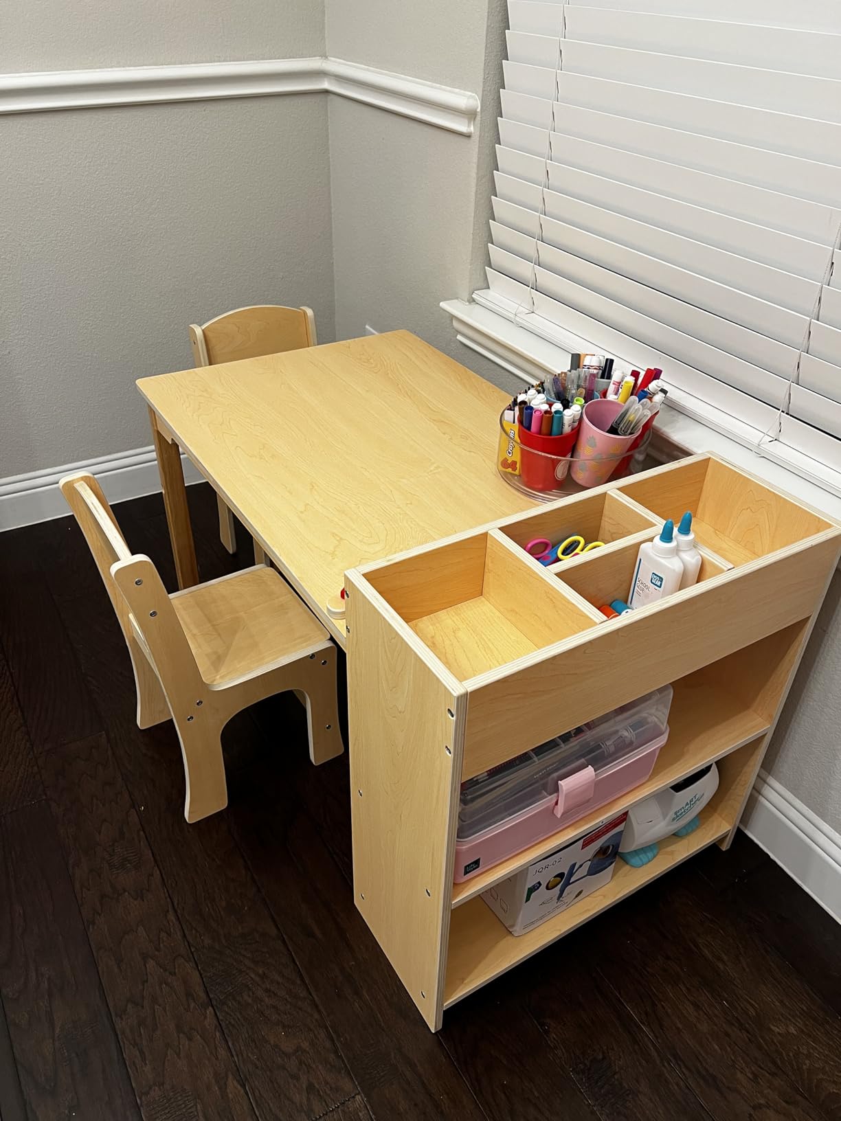 GDLF Kids Art Table Set with 2 Chairs, Solid Wood Legs, 150 lb Per Chair | Poplar plywood construction, built-in supply storage, and a paper roll holder create a 42 x 23 inch activity surface customer photo 1
