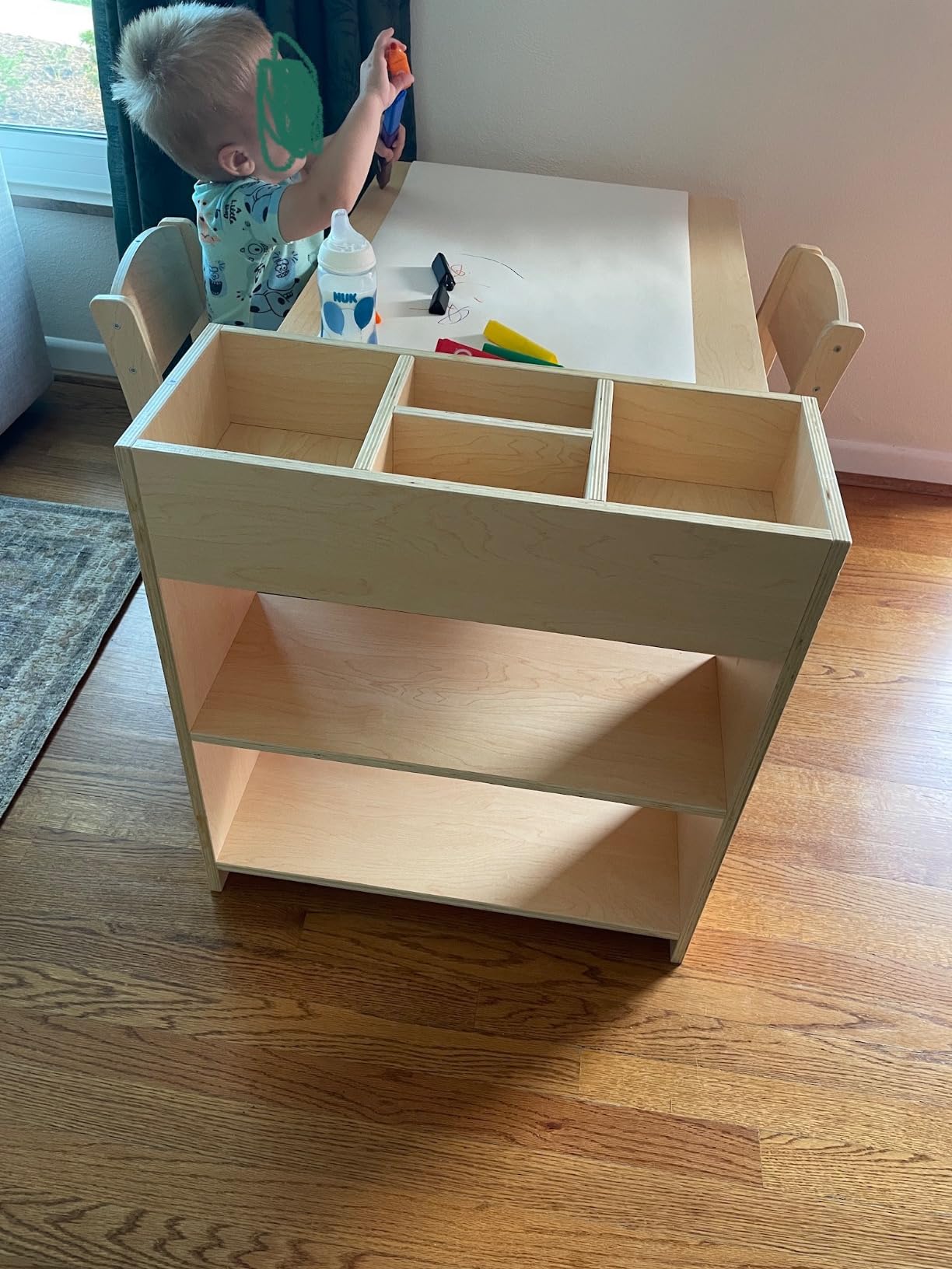 GDLF Kids Art Table Set with 2 Chairs, Solid Wood Legs, 150 lb Per Chair | Poplar plywood construction, built-in supply storage, and a paper roll holder create a 42 x 23 inch activity surface customer photo 2