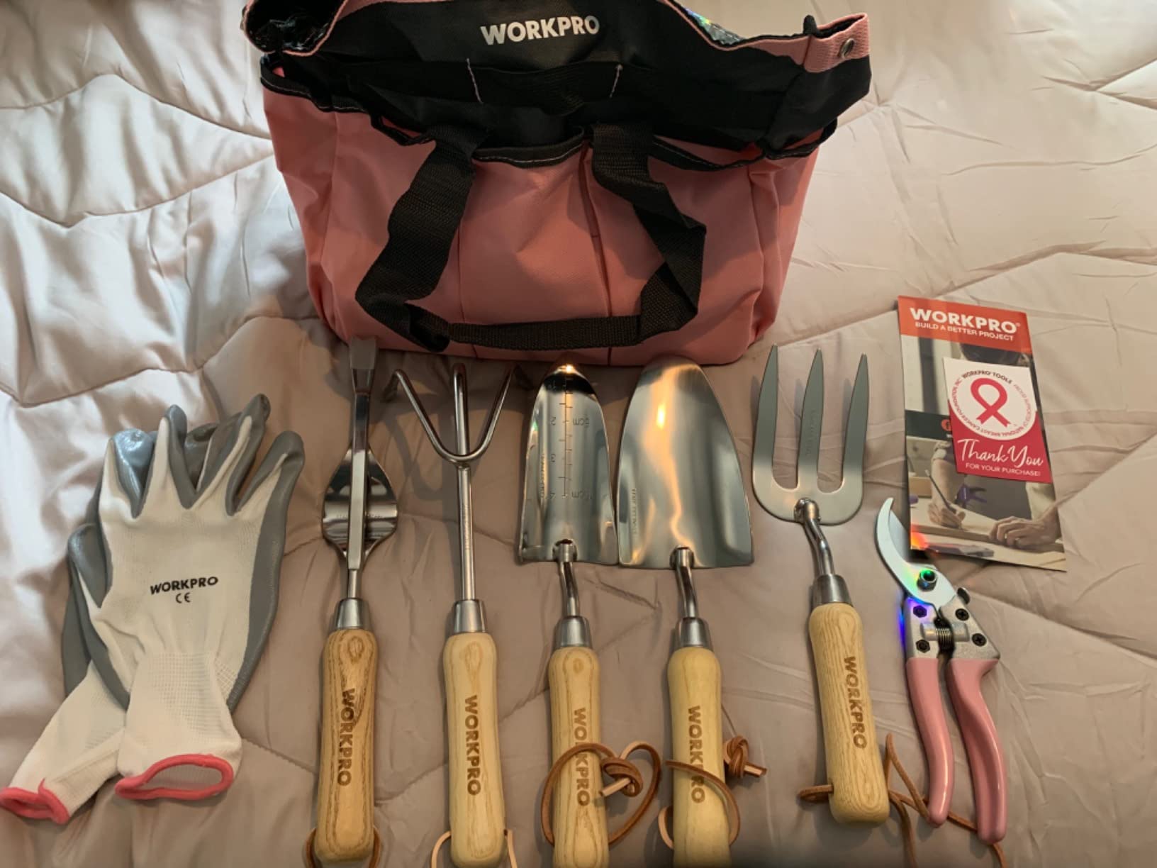 WORKPRO 8-Piece Pink Garden Tool Set - Pink | Stainless Steel, Wood Handle, Including Garden Tote, Gloves, Trowel, Hand Weeder, Cultivator and More, Gardening Gifts customer photo 2