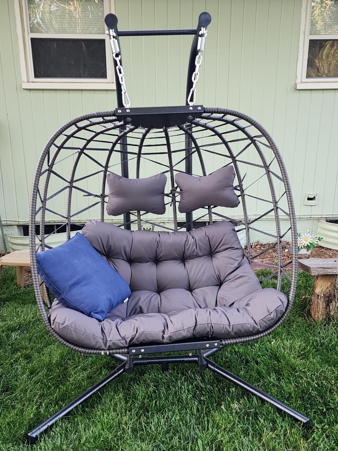 RADIATA Egg Chair Outdoor with Stand, PE Wicker Hanging Swing Egg Chair | 350 lbs Heavy Duty, Beige, Foldable, PE Rattan Swing Hammock Chair, Hanging Egg Chair with Thick Cushion for Patio Garden customer photo 1