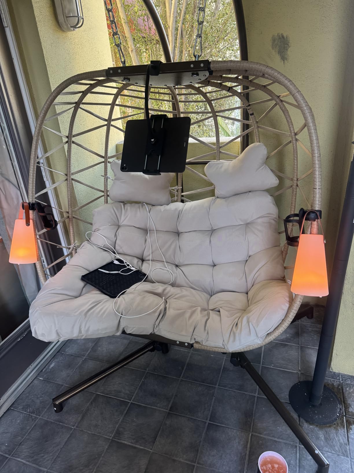 RADIATA Egg Chair Outdoor with Stand, PE Wicker Hanging Swing Egg Chair | 350 lbs Heavy Duty, Beige, Foldable, PE Rattan Swing Hammock Chair, Hanging Egg Chair with Thick Cushion for Patio Garden customer photo 2