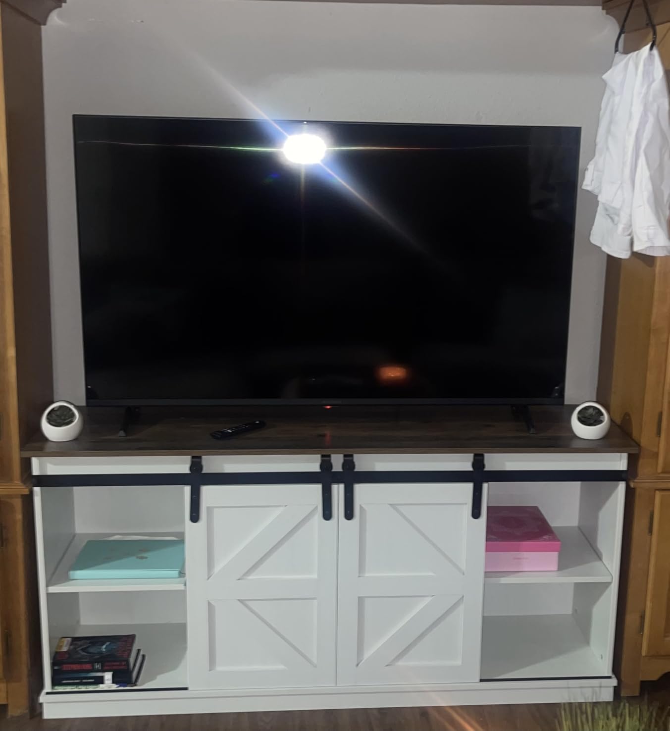 JUMMICO TV Stand for 65 Inch TV, Sliding Barn Doors, Bright White | Farmhouse Entertainment Center, Storage Cabinets, Adjustable Shelves, Media Console for Living Room, Bedroom customer photo 2
