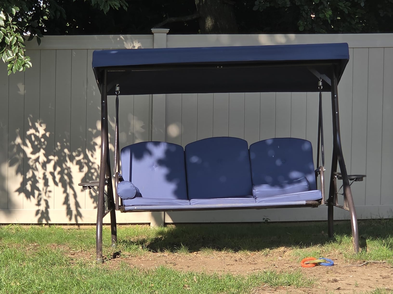 HOMREST 3 Seat Outdoor Porch Swing with Adjustable Canopy, Convertible Patio Swing Bed with Stand, Patio Glider Swing with Upgraded Cup Holder, Thicken Cushions & Pillow for Backyard (Wine Red) customer photo 1