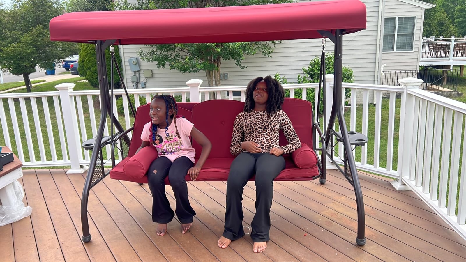 HOMREST 3 Seat Outdoor Porch Swing with Adjustable Canopy, Convertible Patio Swing Bed with Stand, Patio Glider Swing with Upgraded Cup Holder, Thicken Cushions & Pillow for Backyard (Wine Red) customer photo 2
