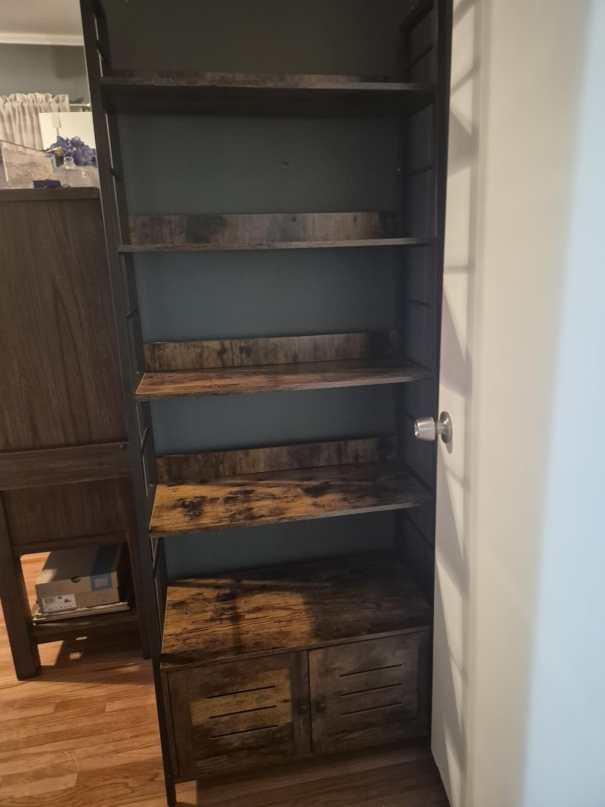 IRONCK 4 Tier Ladder Bookcase with Louvered Doors Rustic Brown | Bookshelf, Ladder Shelf, bottom cabinet, anti tip kit, for Bedroom, Living Room, Home Office customer photo 1
