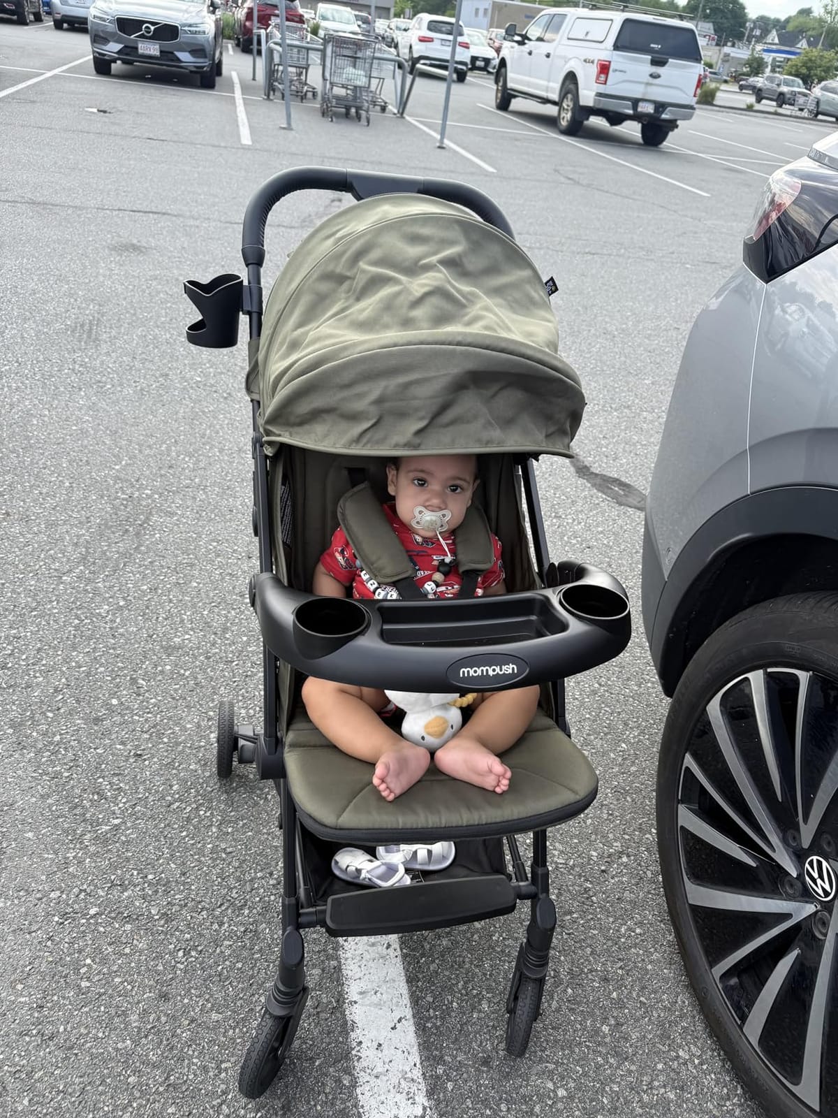 Mompush Lithe V2 Lightweight Travel Stroller Snack Tray Included, Khaki | Compact baby stroller, airplane-ready, one-hand fold, mechanical recline seat, UPF 50+ canopy, travel bag & rain cover customer photo 1