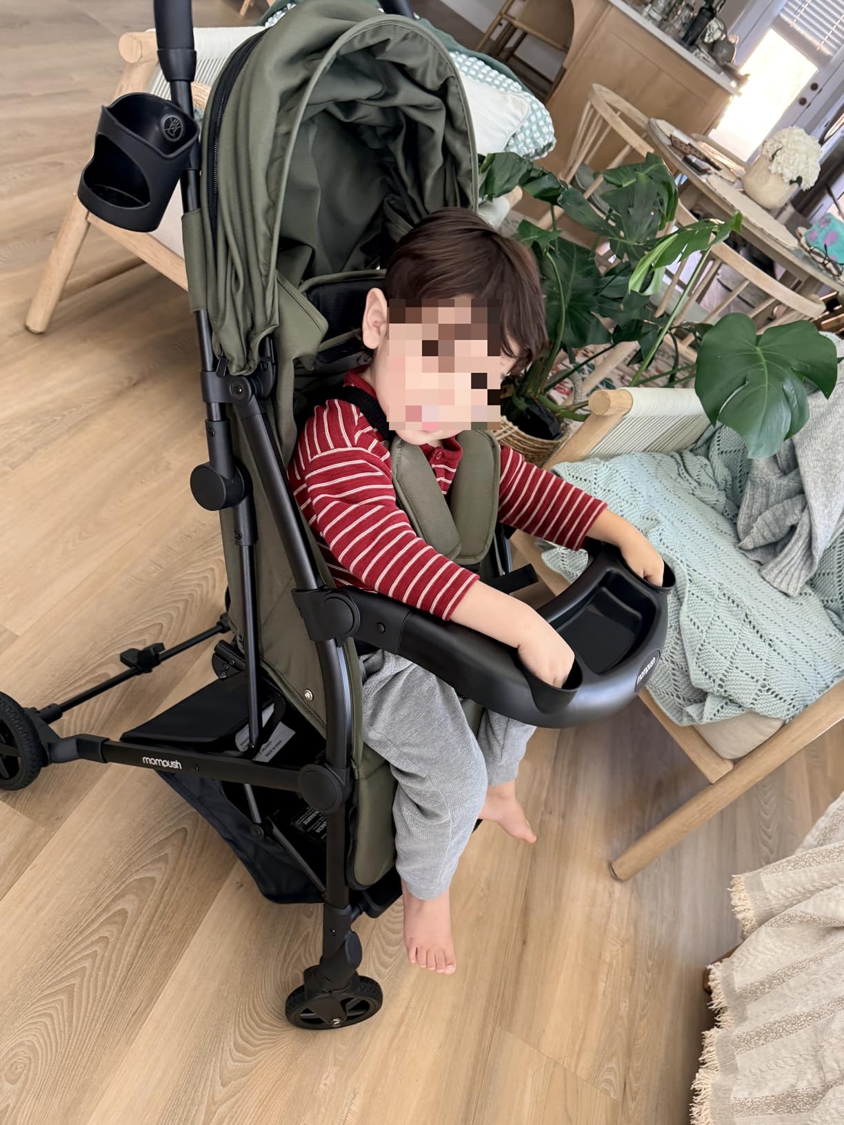 Mompush Lithe V2 Lightweight Travel Stroller Snack Tray Included, Khaki | Compact baby stroller, airplane-ready, one-hand fold, mechanical recline seat, UPF 50+ canopy, travel bag & rain cover customer photo 2