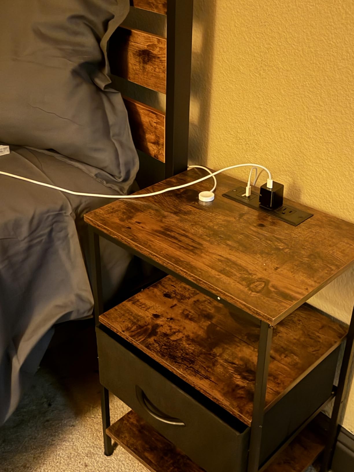 SUPERJARE Nightstand with Charging Station, USB-C Port, Bedside Table | Night Stand for Bedroom, with Adjustable Fabric Drawer, 3-Tier Storage End Table, for Living Room, Rustic Brown & Black customer photo 2