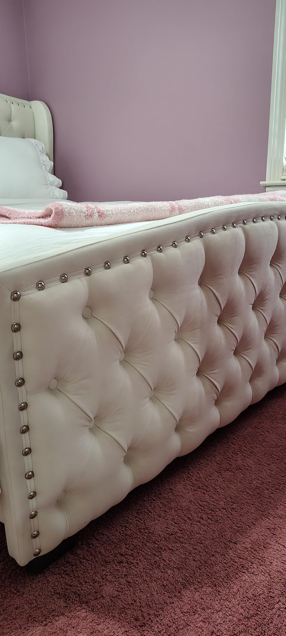 AMERLIFE King Size Bed Frame with Velvet Upholstered Wingback Headboard | Handmade Deep Button Tufted & Nailhead Trim Footboard for Bedroom, No Box Spring Needed, Cream customer photo 1
