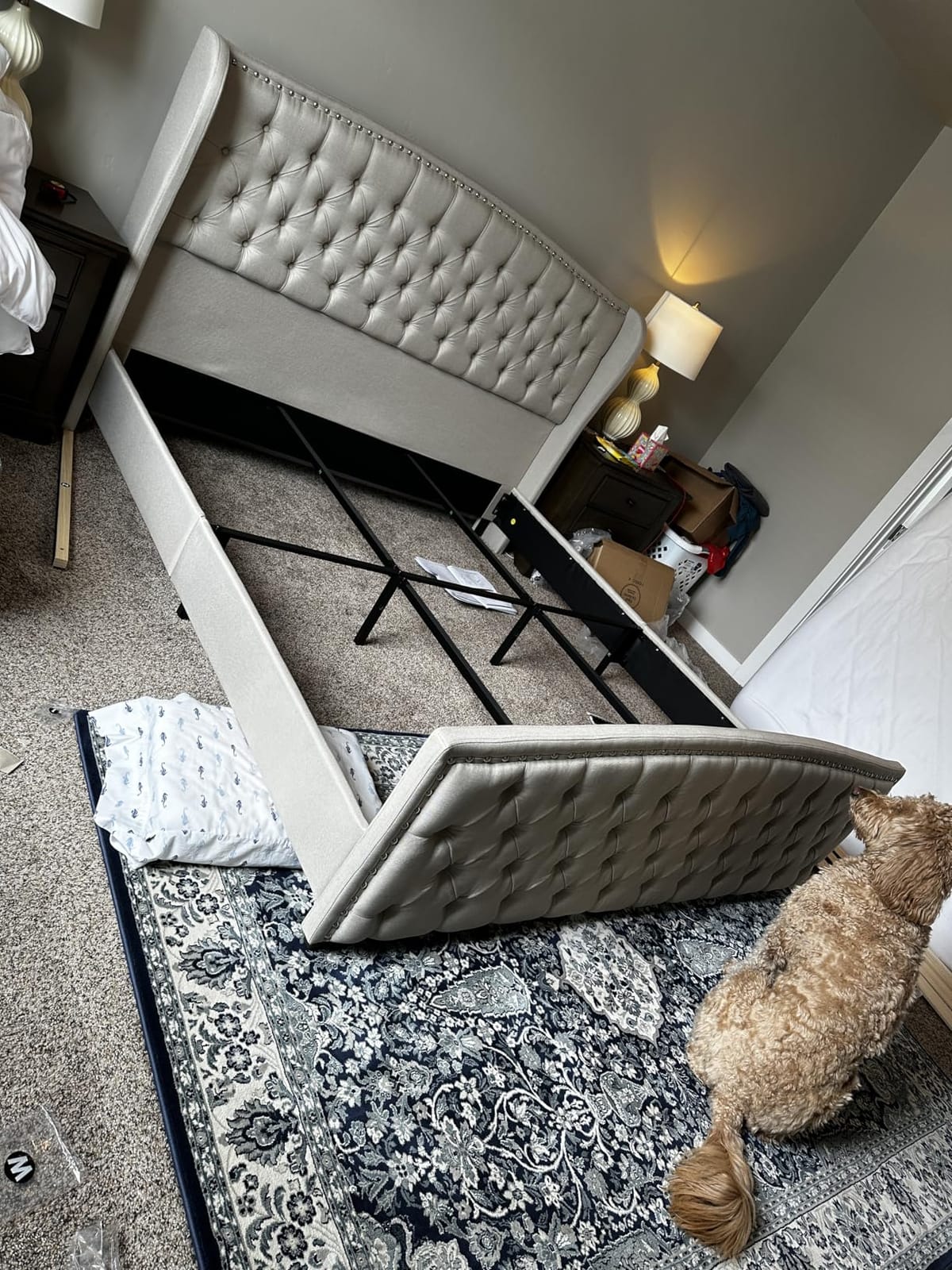AMERLIFE King Size Bed Frame with Velvet Upholstered Wingback Headboard | Handmade Deep Button Tufted & Nailhead Trim Footboard for Bedroom, No Box Spring Needed, Cream customer photo 2