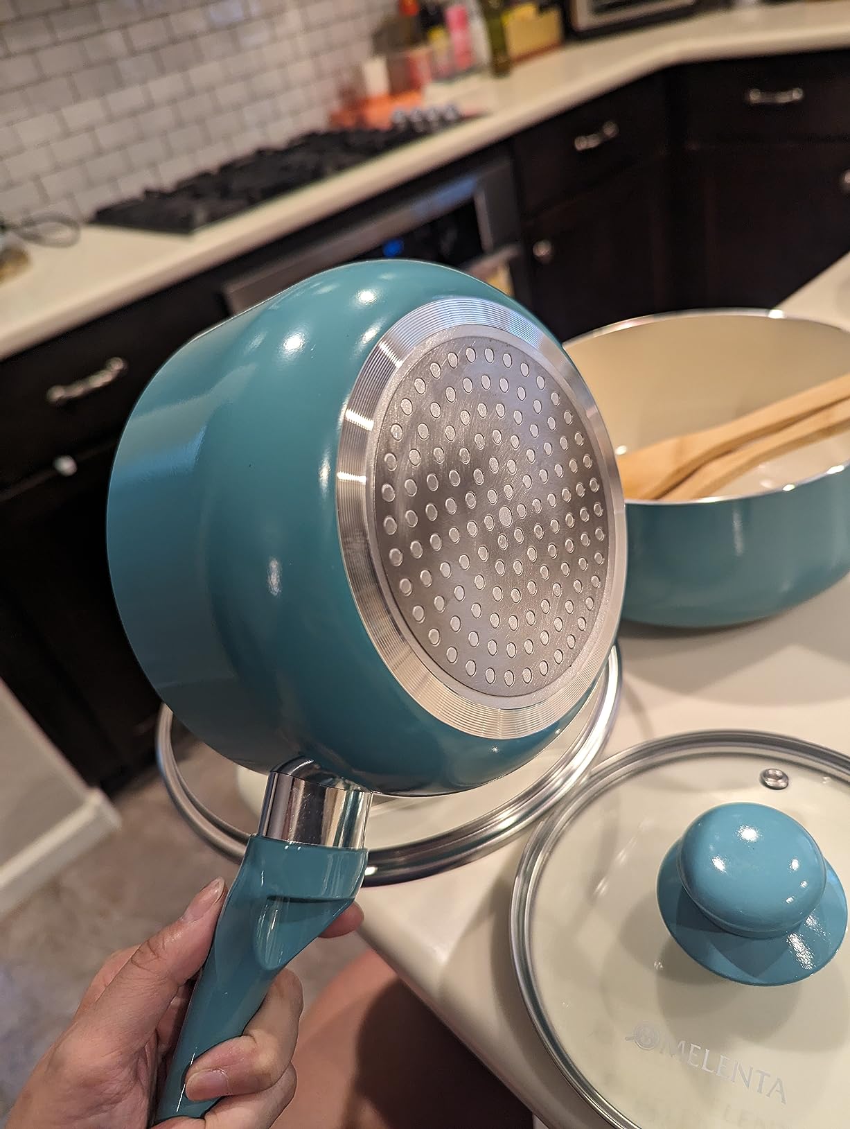 M MELENTA Pots and Pans Set 7 piece, Non Stick Teal Ceramic Cookware Set | Compact Starter Cookware, Nonstick Pots and Pans Set, Induction Cookware, Kitchen Cooking Set, PFAS & PFOA Free customer photo 1
