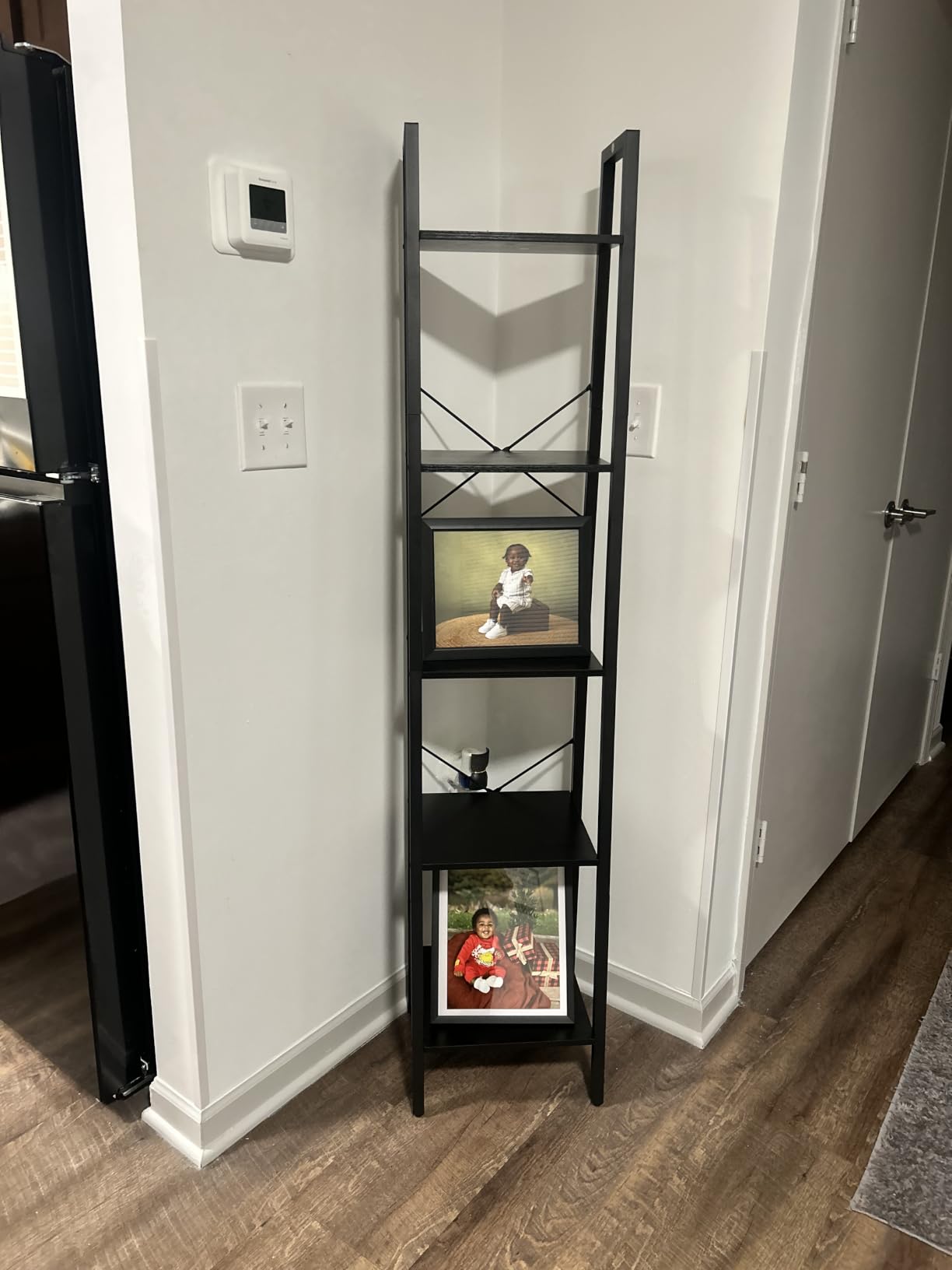 Hzuaneri Ladder Shelf, Bookshelf, Freestanding Corner Storage Shelf | Bookcase with 2 Hooks for Office, Living Room, Kitchen, Bedroom, Industrial, 11.8