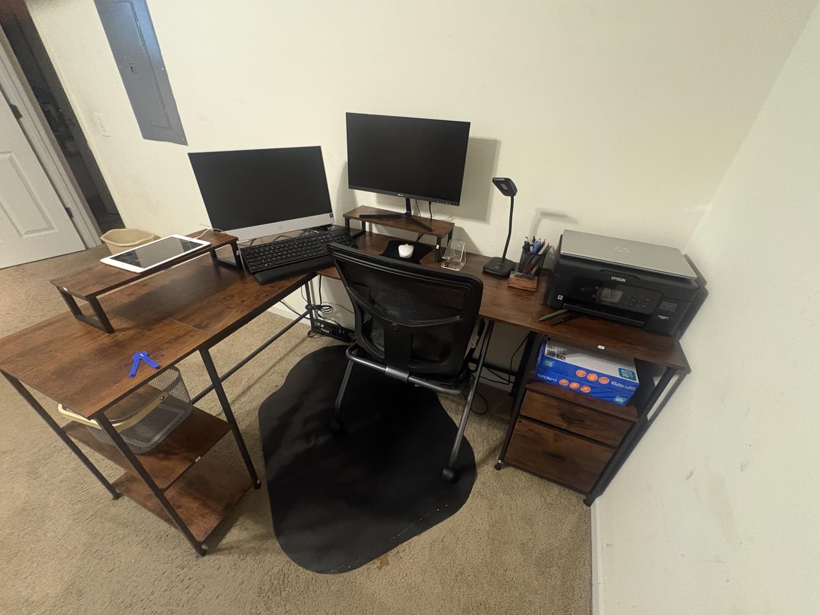 Furologee 66 L Shaped Desk with Power Outlet, Reversible Home Office Desk with File Drawer, 2 Monitor Stands, Storage Shelves, Corner Computer Table for Gaming, Writing, Rustic Brown customer photo 1