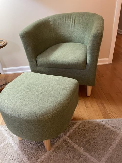 DAZONE Mid Century Modern Accent Chair with Ottoman Barrel Armchair Green | Small Side Chair for Living Room, Bedroom, Reading Nook, Footrest, Linen Fabric Upholstered, Solid Wood Legs, Soft Cushion customer photo 1