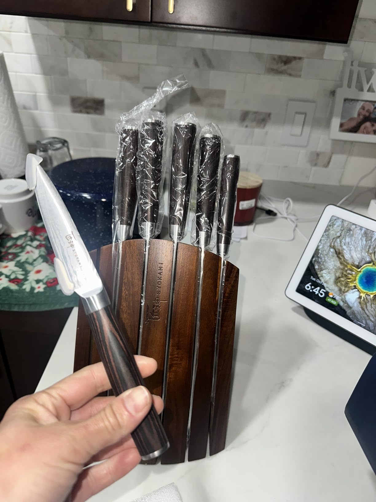 SYOKAMI 2026 Upgrade Kitchen Knife Set, Foldable Magnetic Acacia Wood Block | Japanese Style 7-Piece High Carbon Stainless Steel Chef Knife Set, Full Tang Wood Handle, Damascus Pattern, Ideal for Gift customer photo 2
