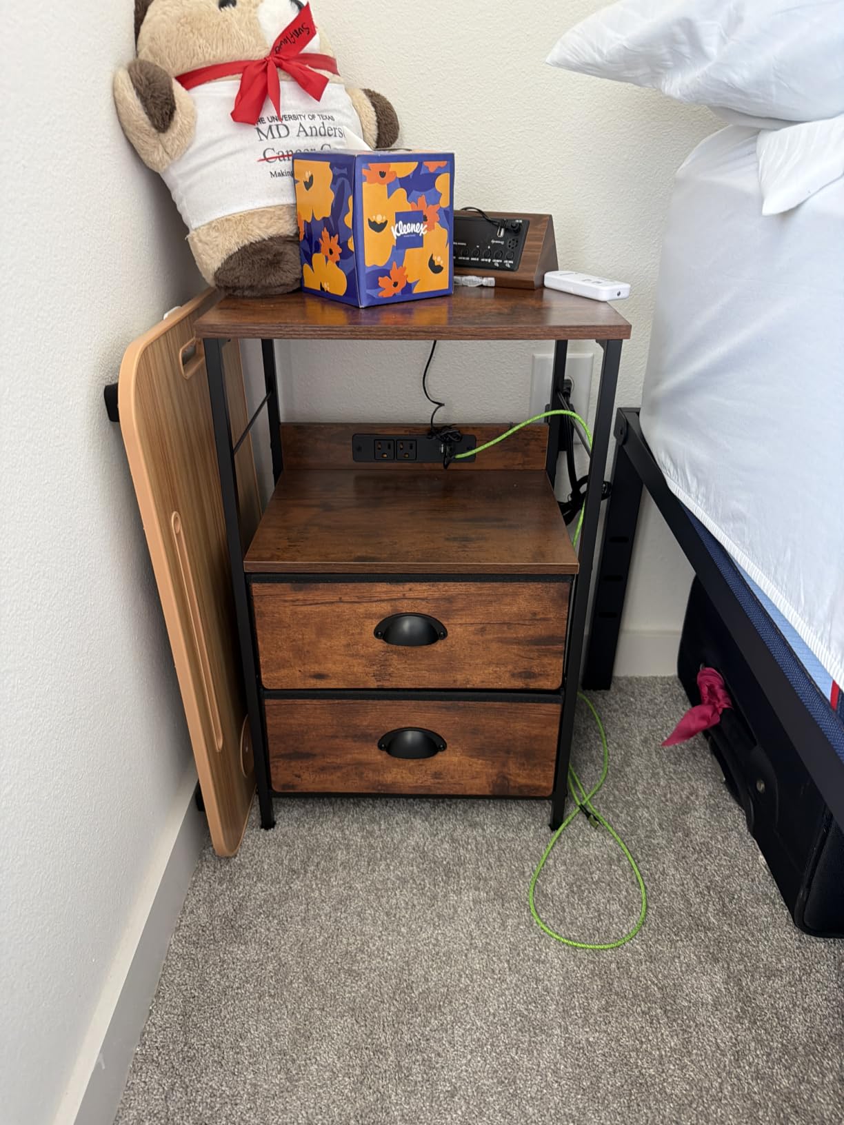 Furologee End Table with Charging Station, Nightstand with Fabric Drawers, Side Tables with USB Ports & Outlets, Night Stand with Storage Shelf & Hooks, for Living Room/Bedroom, White customer photo 2