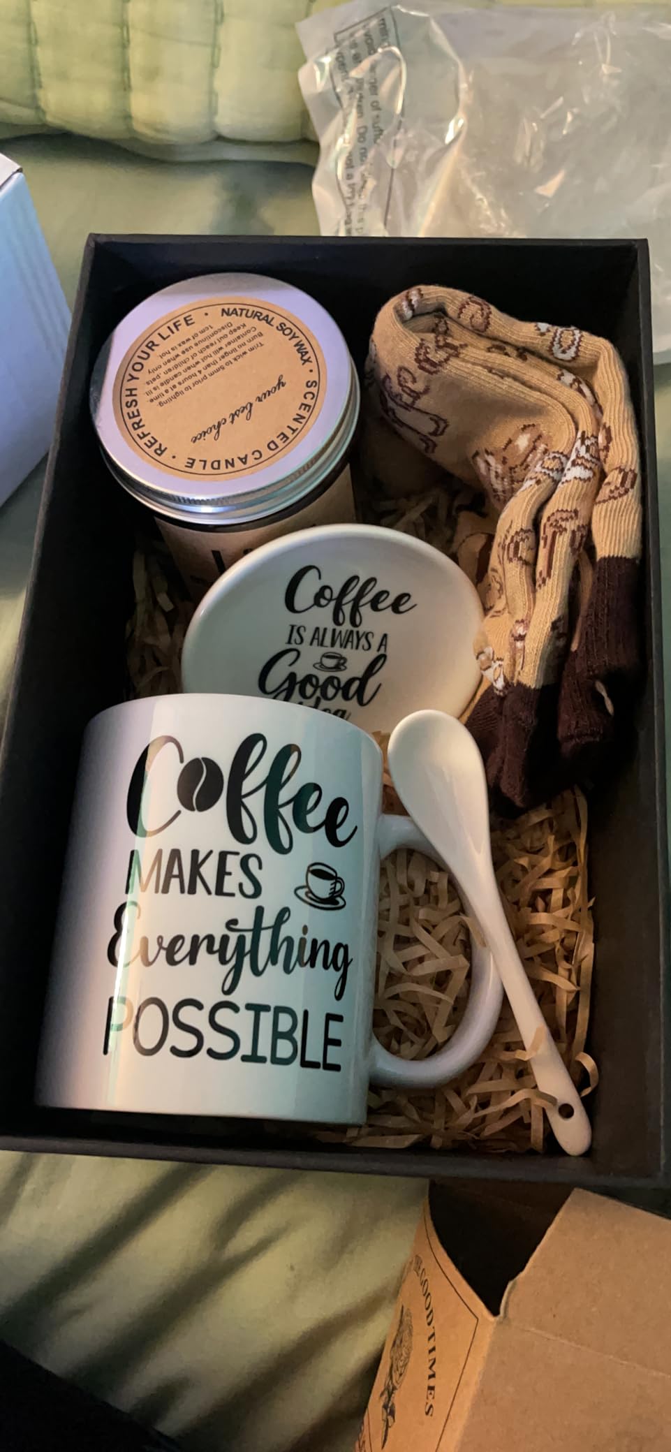 Vabean 5 Pcs Coffee Gift Basket for Women, Mug Candle Socks Spoon | Coffee Lovers Gifts, Basket Birthday Gift for Men Women Cozy Themed Socks with Sayings, Ceramic Mug Spoon Rest customer photo 1