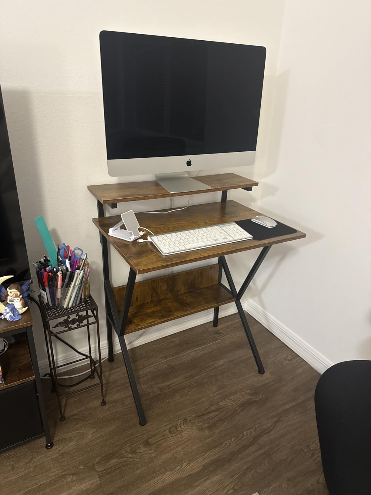 COTUBLR Small Desk, 27.5 Inch Small Computer Desk for Small Spaces, Computer Desk with Adjustable Monitor Stand, Compact Desk with Storage, Tiny Desk Study Desk for Bedroom Home Office, Rustic Brown customer photo 2