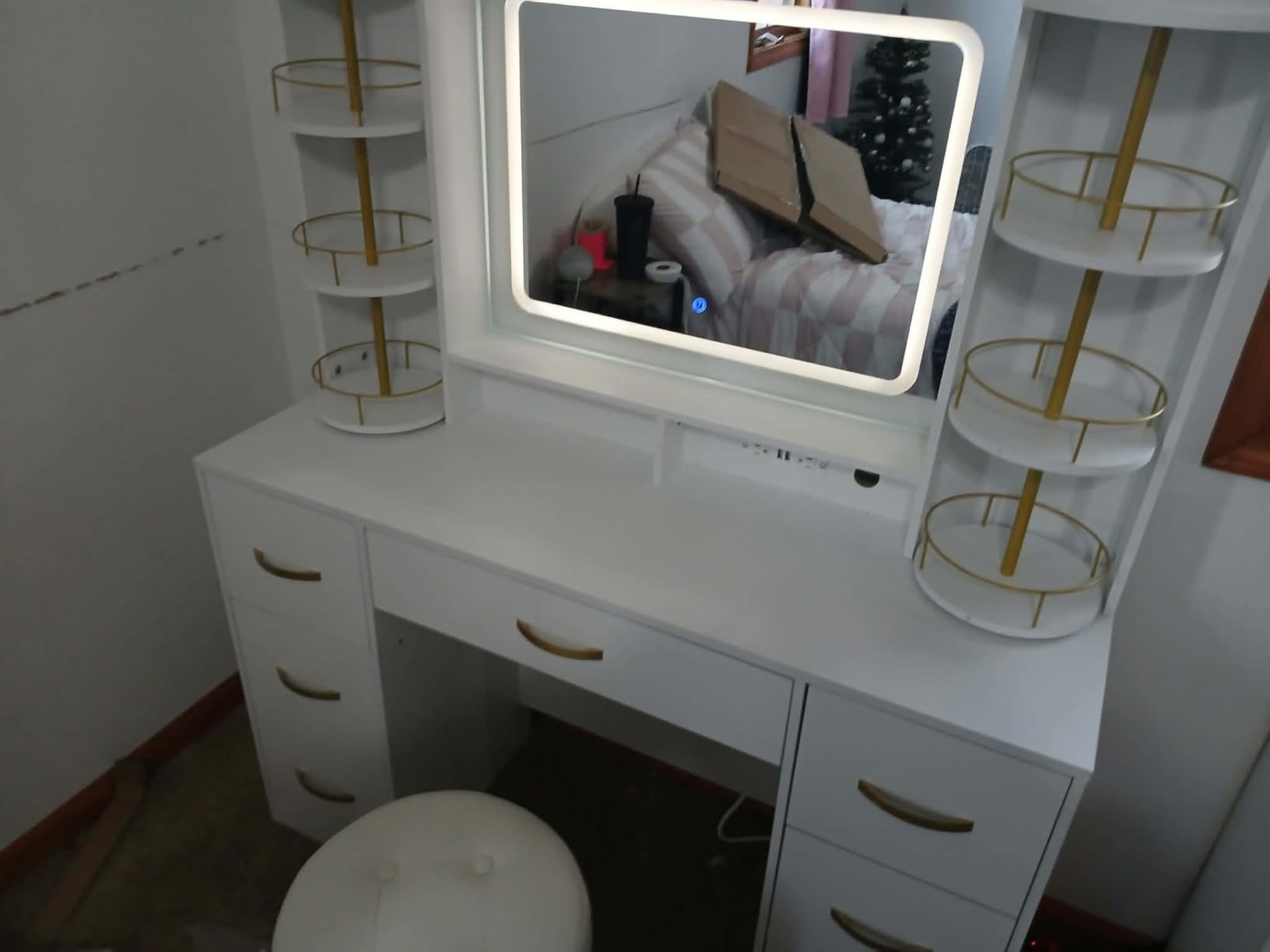 CSZZD White Makeup Vanity Desk with LED Mirror & RGB Cabinets, Vanity Table with Charging Station and 6 Storage Drawers, Adjustable 3 Mode Mirror Lights, Bedroom Dressing Table for Women customer photo 1