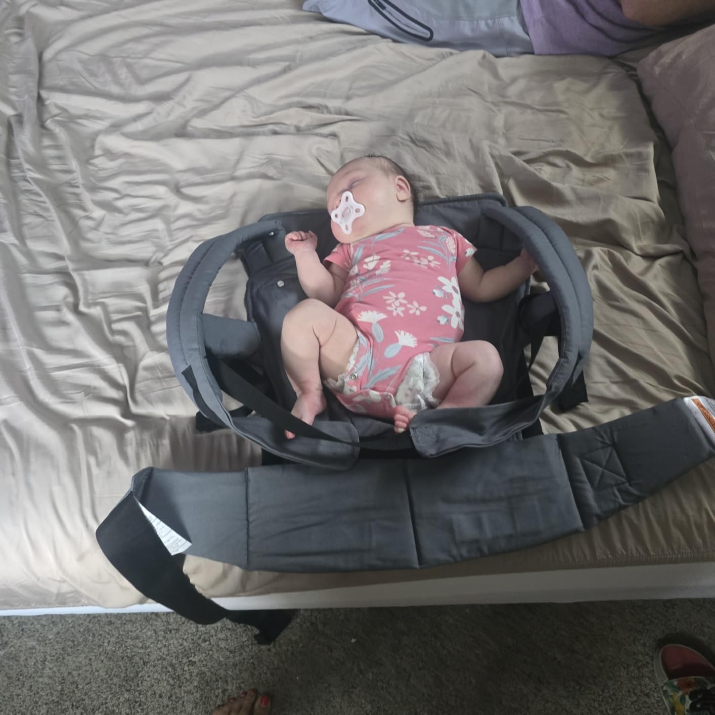 Momcozy PureHug Baby Carrier - Ergonomic, Cozy and Lightweight for 7-45 lbs | Easy to Put On, IHDI Hip-Healthy, 3D EVA Lumbar Support, X-Straps for Even Weight Distribution, 100% Cotton, Khaki customer photo 2