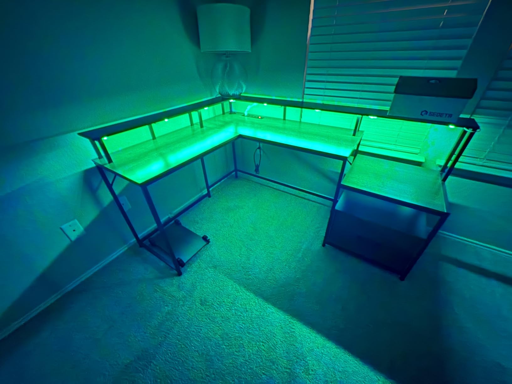 SEDETA 66 Reversible L Shaped Computer Desk with Power Outlet, File Drawer | Home Office Desk with Monitor Shelf, Storage Shelves, LED Lights for Corner Small Spaces, Gaming, Grey customer photo 2
