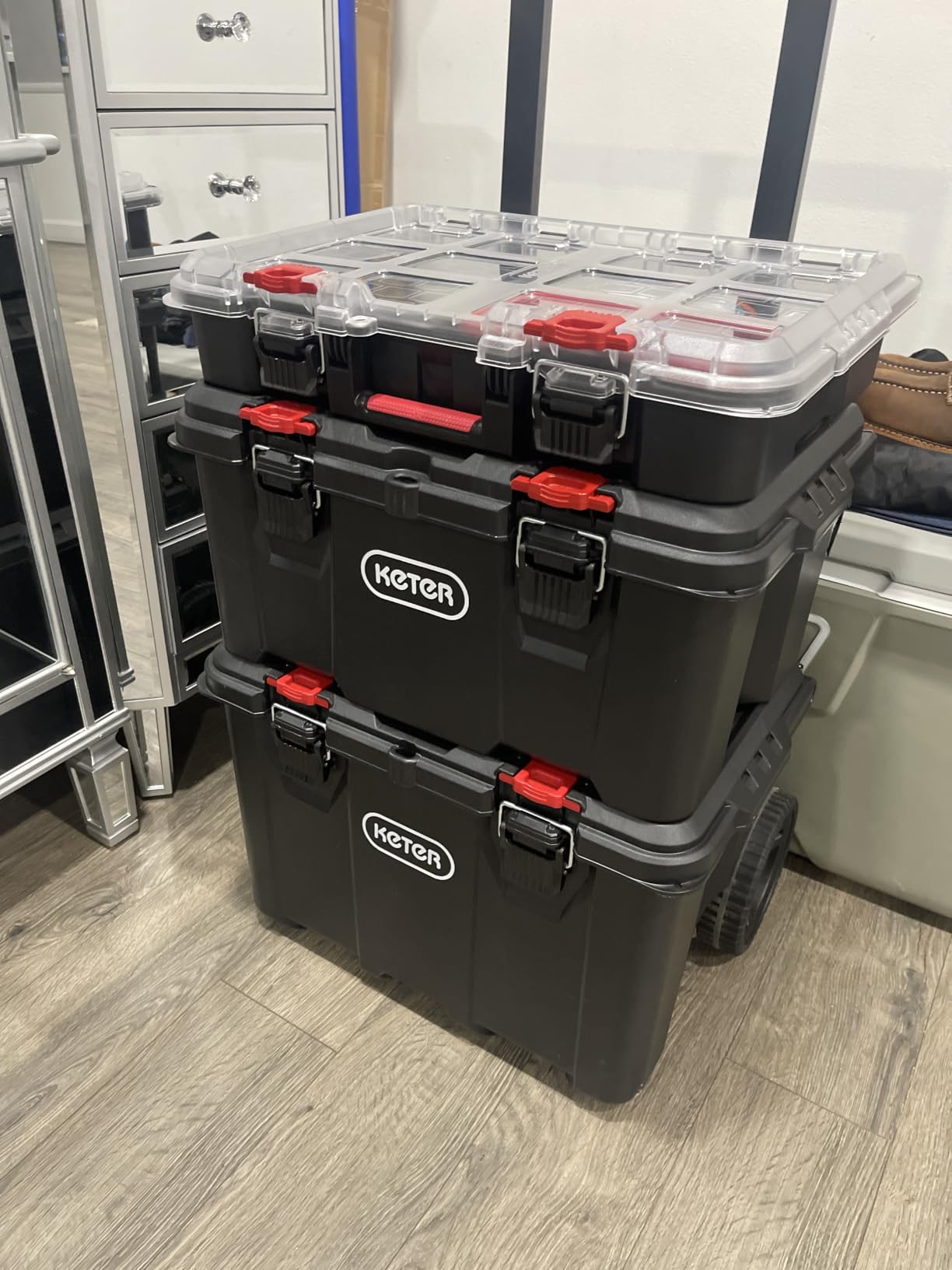 Keter Stack N Rolling Tool Box Modular Storage System 3 Piece | Black and Red, Heavy Duty, Weatherproof, All Terrain Wheels, Durable, Easy to Use, Telescoping Handle customer photo 1