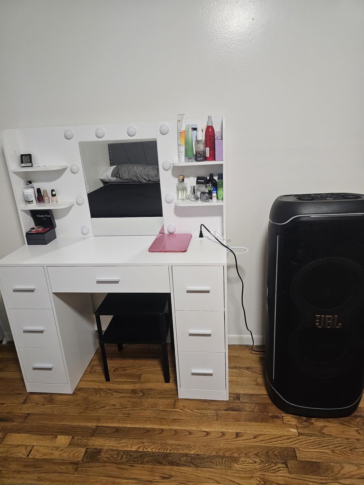 YESHOMY Vanity Desk with Mirror, Outlet, 10 Lights & 7 Drawers, Pure White, Lighted Mirror with 3 Color Modes, Makeup Table, Large Storage Capacity, Available for bedroom customer photo 2