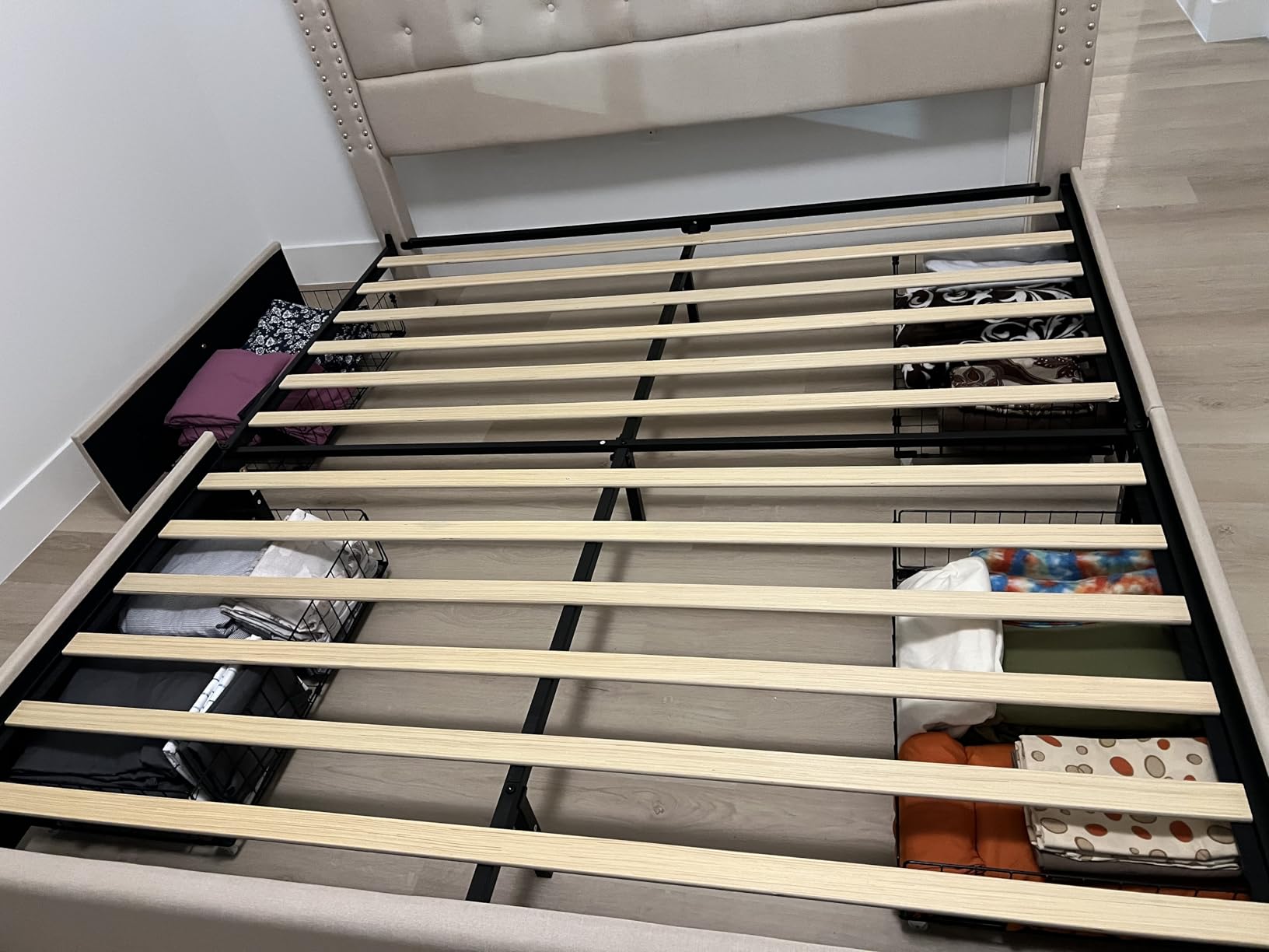 LARMACE King Size Bed Frame with 4 Storage Drawers and Tufted Headboard Linen Upholstered Platform Bed Frame with Heavy Duty Wood Slats, No Box Spring Needed, Easy Assembly, Beige customer photo 2