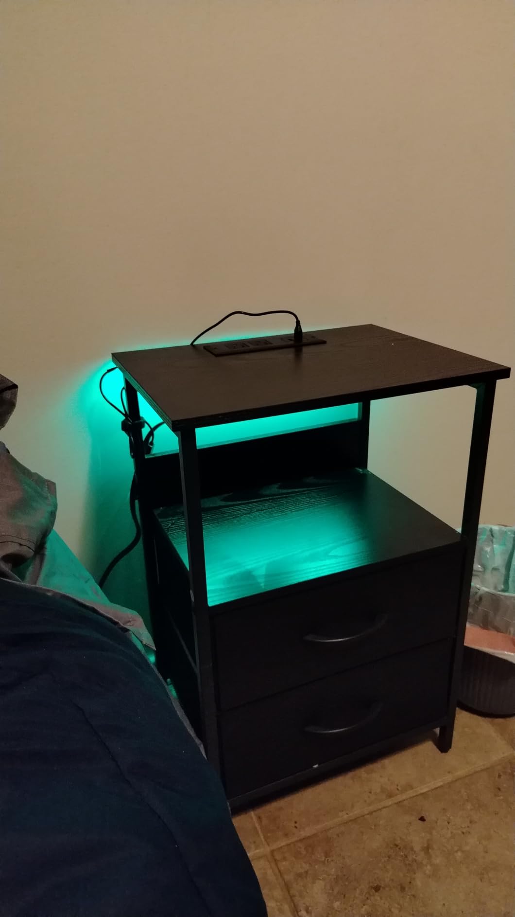 Fixwal Night Stand with Charging Station, Black Led Nightstand, 2 Drawers | fabric drawer, built-in bedside charger, 2 AC outlets & 2 USB ports, open top shelf, small bedroom furniture, end table customer photo 1